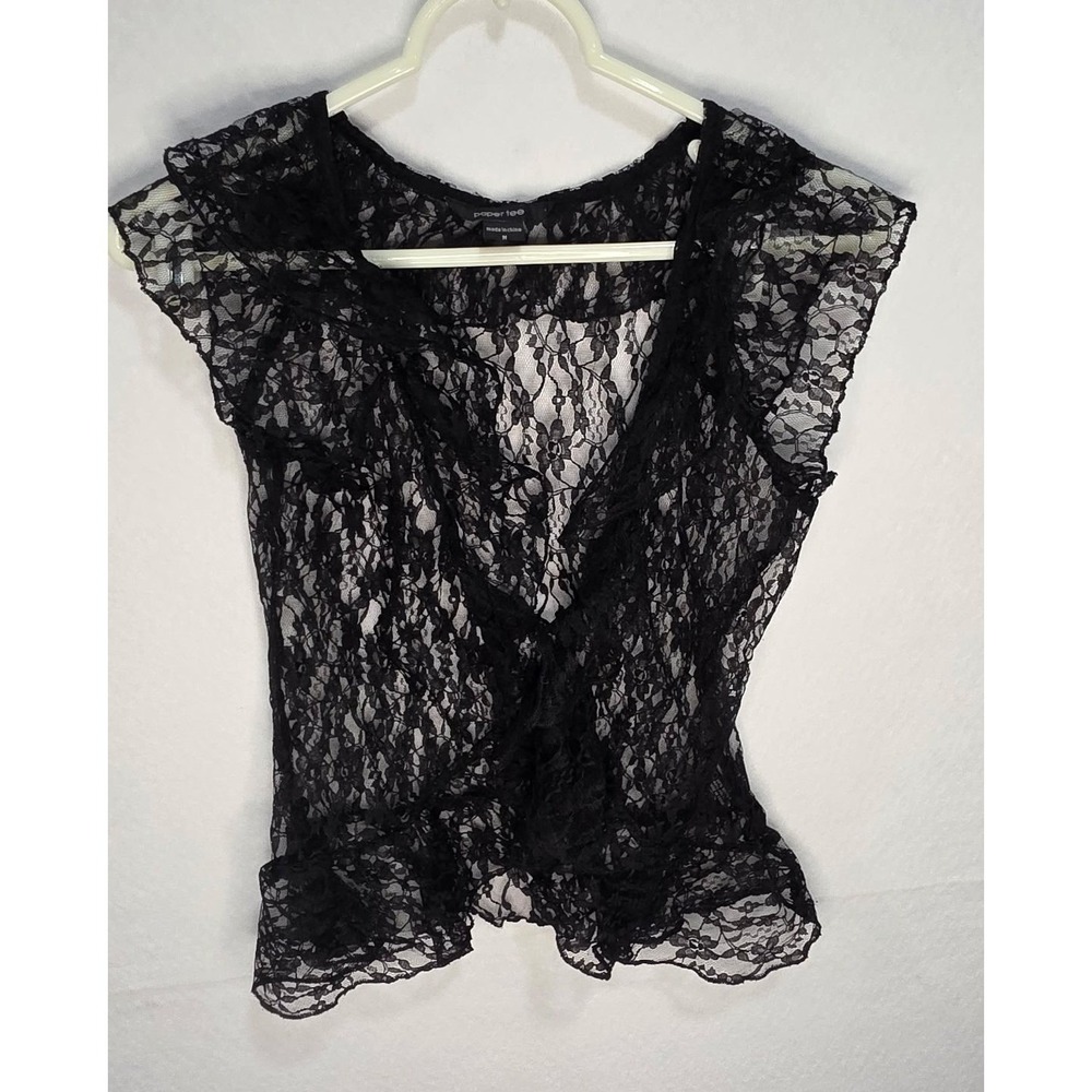 Paper Tee Black Floral Lace Ruffle Vest Sheer Open Front Cap Sleeve Medium
